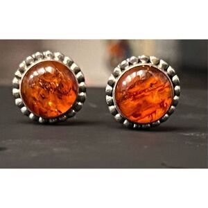 Baltic Amber Round Navajo USA Native American 925 Sterling Clip On Earrings Vtg